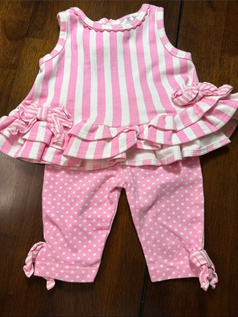 Rare Editions Pink & White Striped Ruffle Top with Polka Dot Pants